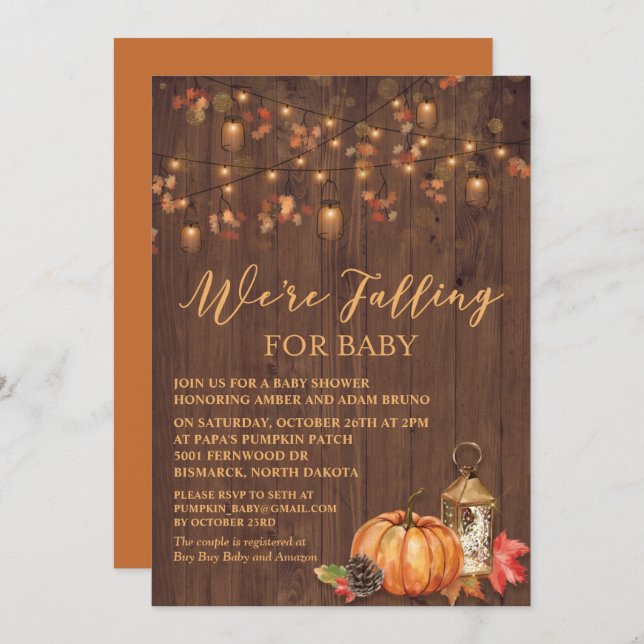 Rústica calabaza deja la invitación a Baby Shower  (Anverso / Reverso)