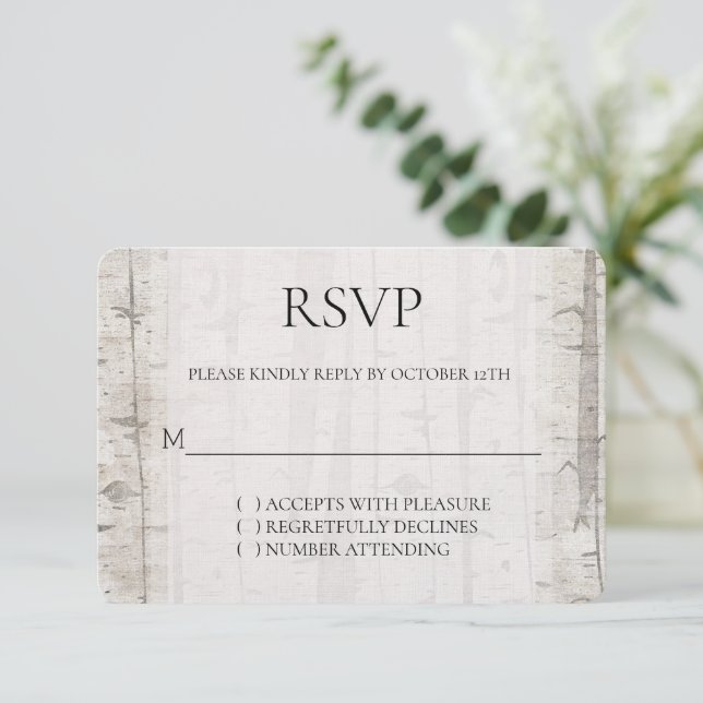 Rústica Crema Blanca Árboles de Birch Boda RSVP (Anverso de pie)