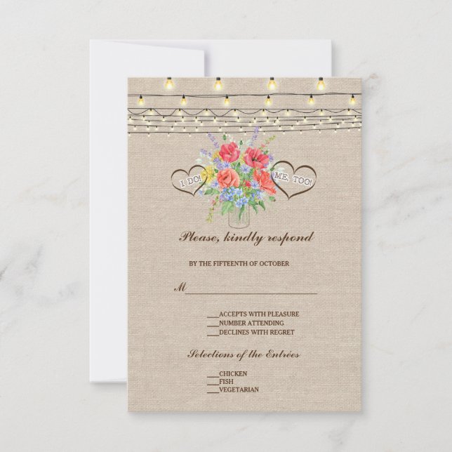 Rústica Flores Salvajes Burlap Wedding RSVP (Anverso)