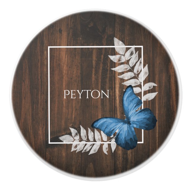 Rústica mariposa azul personalizada pomo cerámico (Anverso)