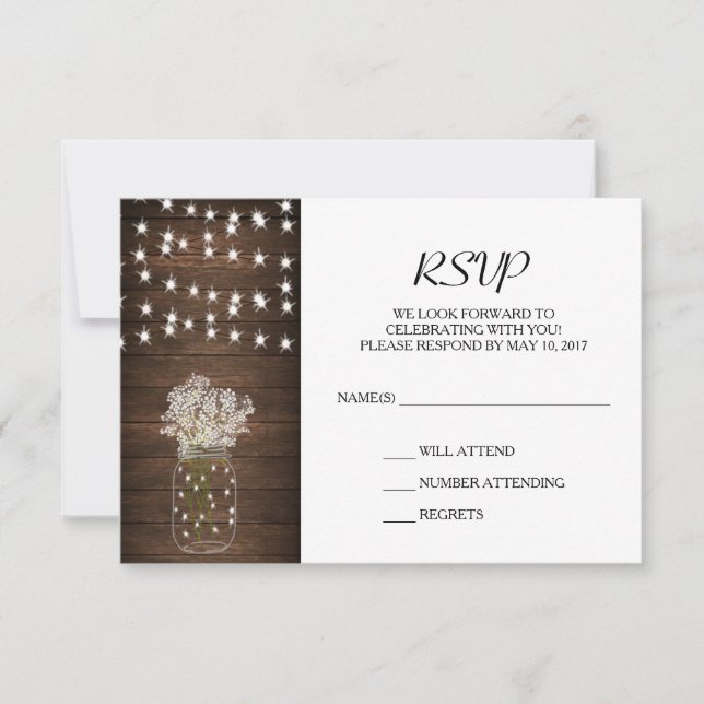 Rústica Mason Jar & Lights Wedding RSVP Card (Anverso)