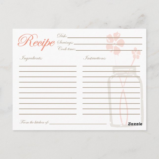 Rústica Mason Jar Receta Tarjeta de Ducha Coral (Reverso)