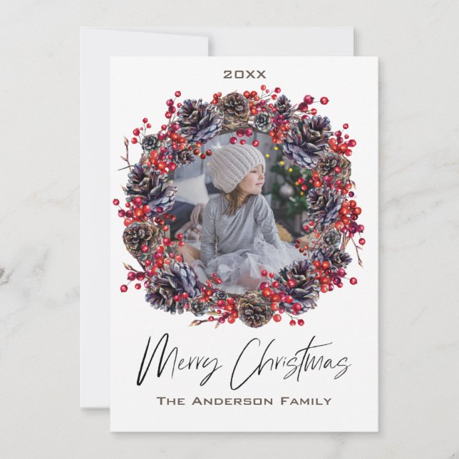 Rústica Pinecone Wreath Berry Foto Feliz Navidad (Anverso)