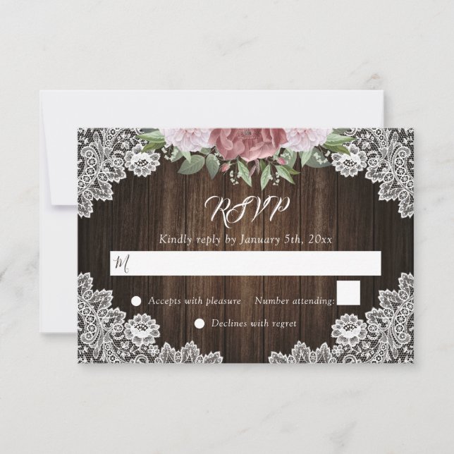 Rústica Rubor Pink Floral Wood Lace Wedding RSVP (Anverso)