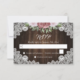 Rústica Rubor Pink Floral Wood Lace Wedding RSVP