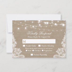Rústica String Lights Burlap Lace Menu Choice RSVP