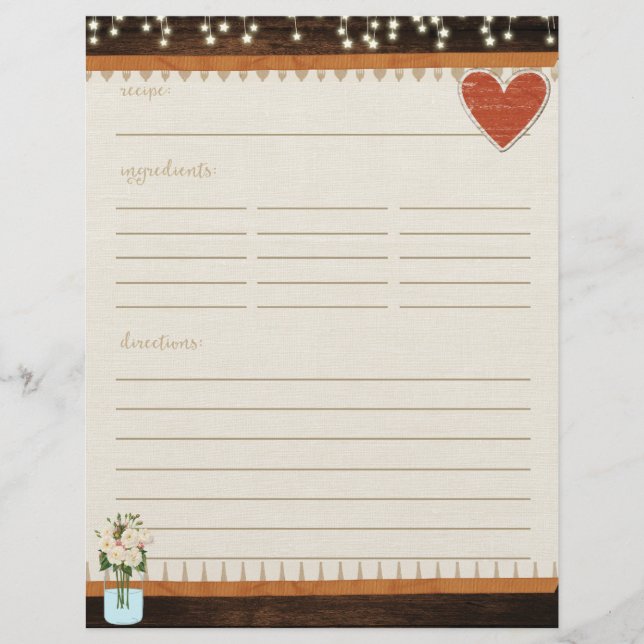 Rústica tarjeta de receta de Mason Jar Kitchen Ins