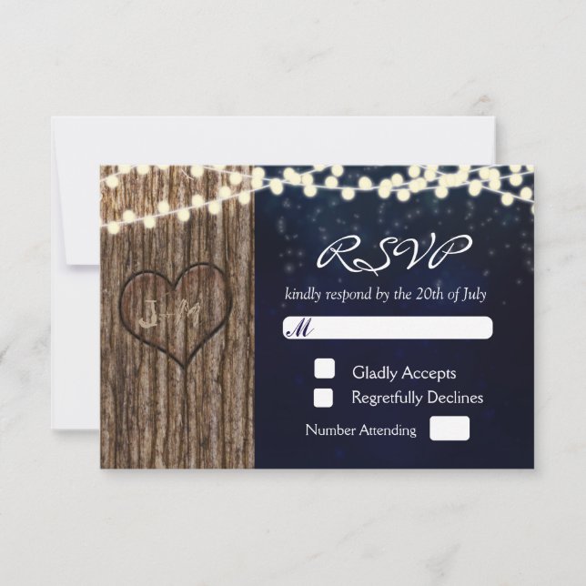 Rústica Tarjeta RSVP de Boda Nocturna de Corazón t (Anverso)