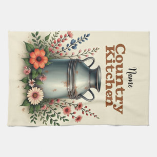Rústica toalla de té de granja con lata de leche y