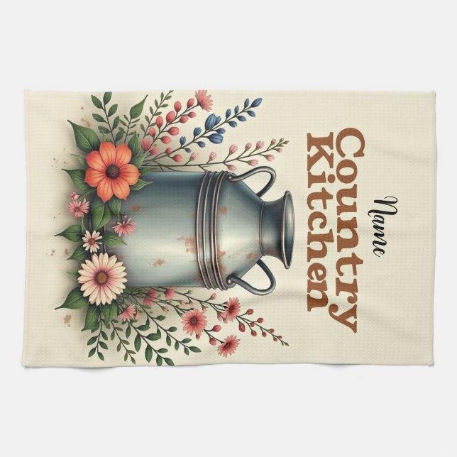 Rústica toalla de té de granja con lata de leche y (Horizontal)
