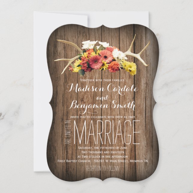 Rústicas Antlers Daisy Wood Wedding Invitaciones (Anverso)