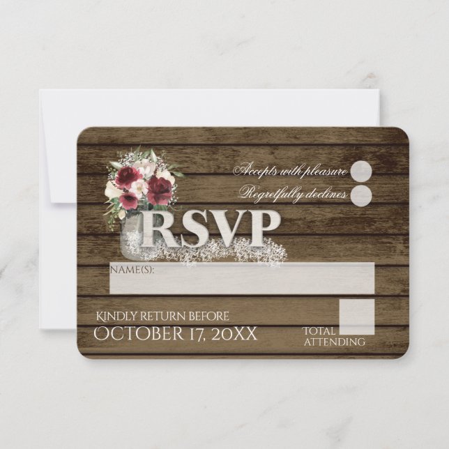 Rústico Amor a la vejez Rosas de Borgoña Boda RSVP (Anverso)
