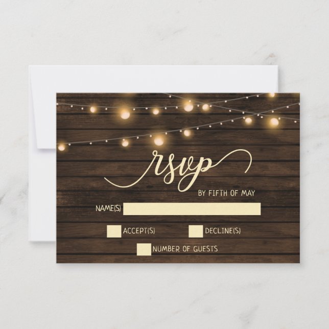 Rústico Barn Wood String luces Invitaciones rsvp (Anverso)
