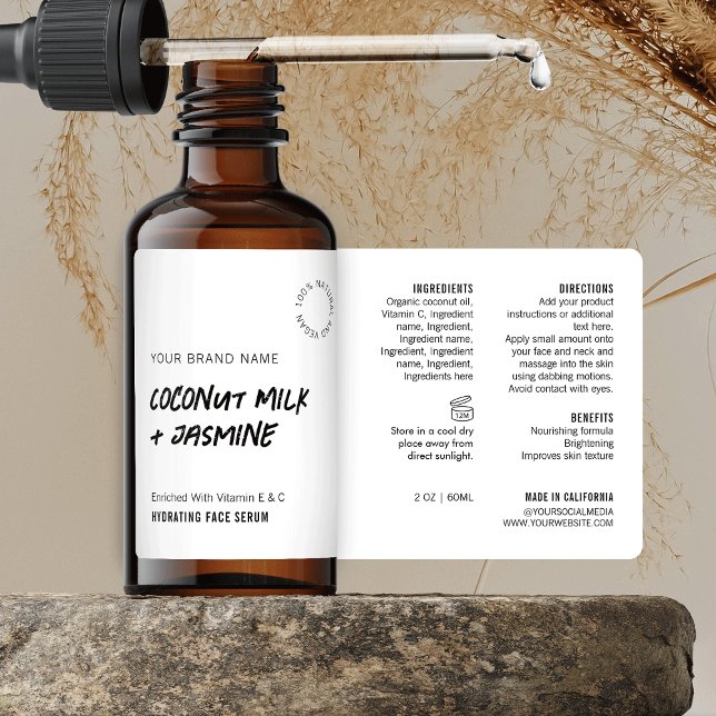 Rústico Blanco Blanco Negro Rústico Etiqueta De Bo (Minimalist rustic style cosmetic dropper bottle wraparound label in black and white)