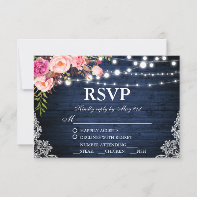 Rústico Boda Blue Wood Floral Lace RSVP w/Meal (Anverso)