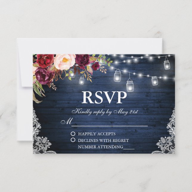 Rústico Boda Blue Wood Luces Jars Floral RSVP (Anverso)