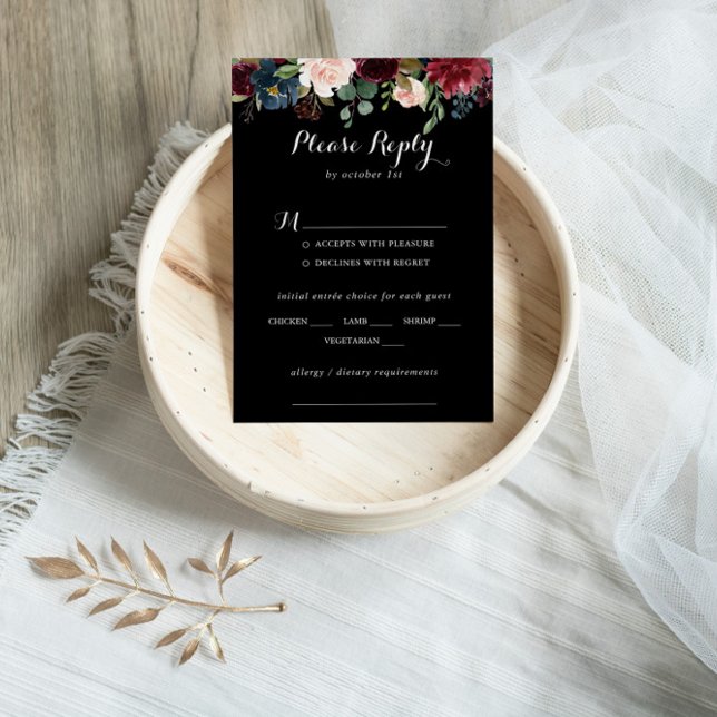 Rústico Boda botánico negro opción de menú RSVP (Subido por el creador)
