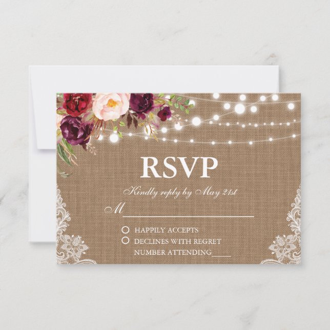 Rústico Boda Burlap Luces Lace Floral Tarjeta RSVP (Anverso)