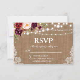 Rústico Boda Burlap Luces Lace Floral Tarjeta RSVP