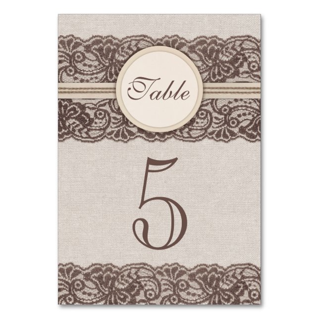 Rústico boda de encaje número de tarjetas Burlap (Anverso)