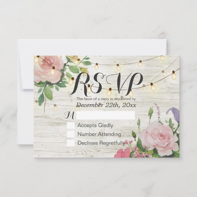 Rústico Boda Floral Cadena de Madera Luz RSVP Resp (Anverso)