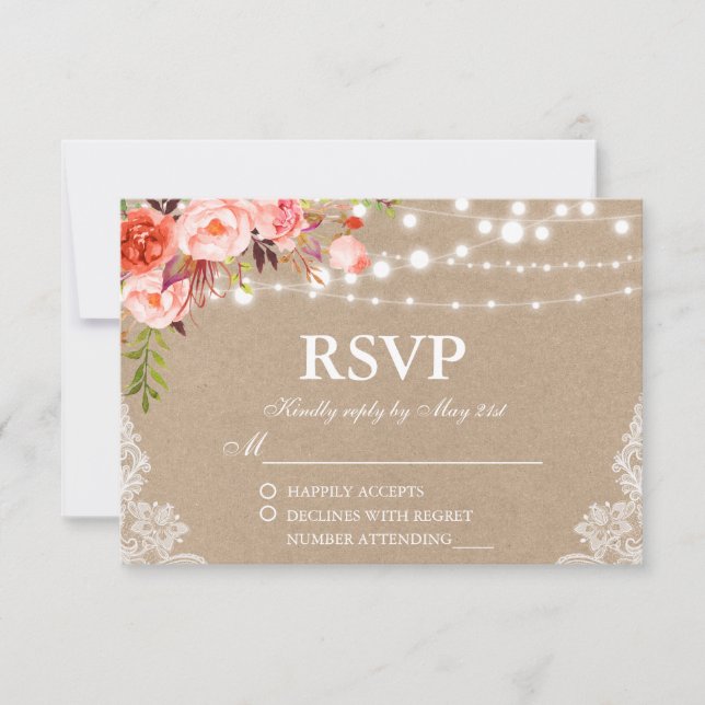 Rústico Boda Kraft Coral Luces Florales Lace RSVP (Anverso)