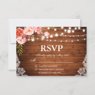 Rústico Boda Wood Coral Floral Luces Lace RSVP
