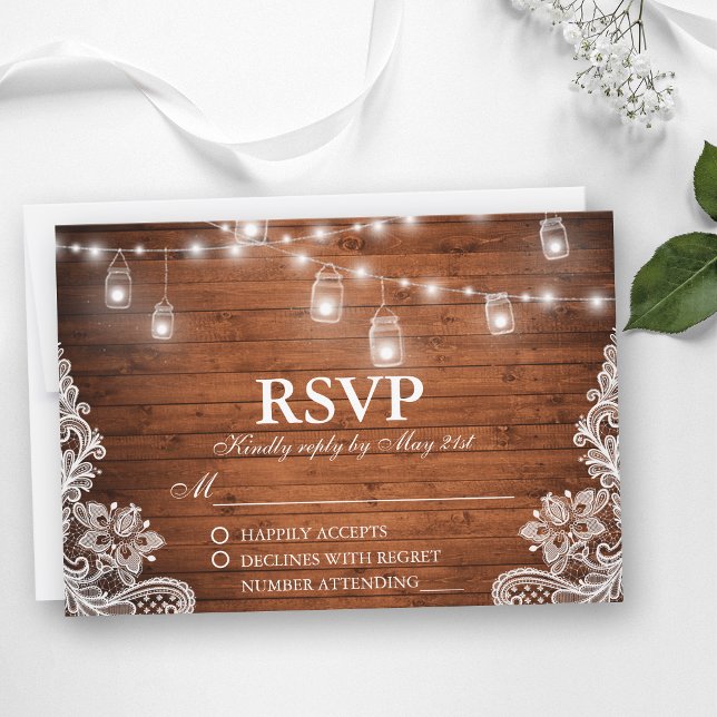Rústico Boda Wood Jar String Luces Lace RSVP (Customize to change text size, text style or to add more text to back of card.)