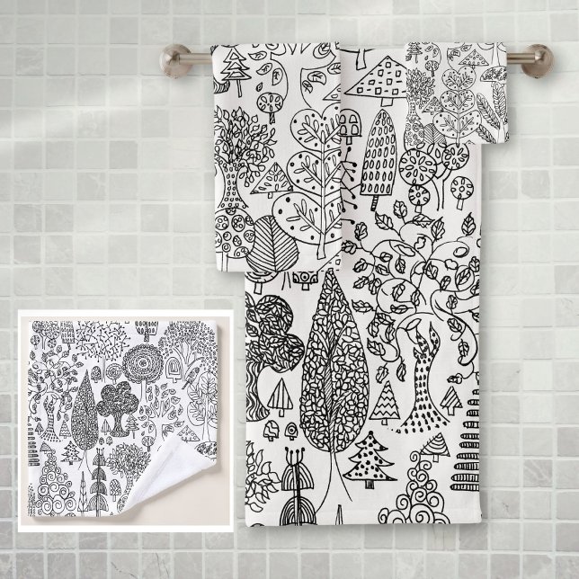 Rústico Boho Patrón de Árbol en Negro y Blanco (Rustic Boho Black and White Tree Pattern Bath Towel Set)