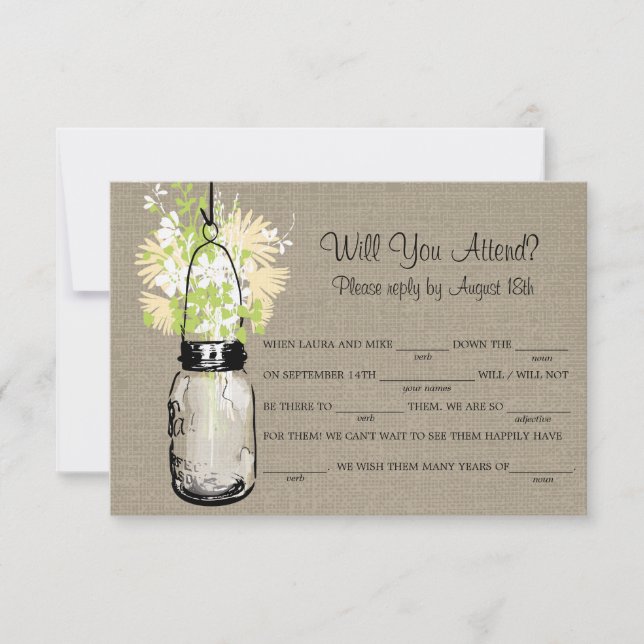Rústico Burlap Mason Jar Wildflowers LIB RSVP (Anverso)