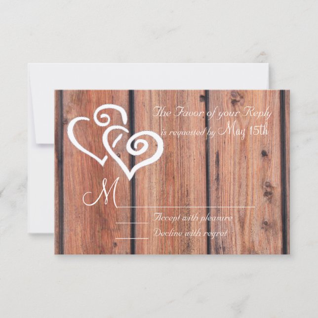 Rústico Country Wood Boards Hearts Wedding RSVP (Anverso)