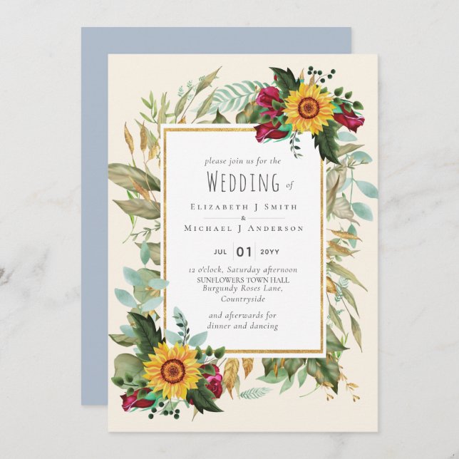 Rústico del país girasoles Rosas de Borgoña Boda (Anverso / Reverso)