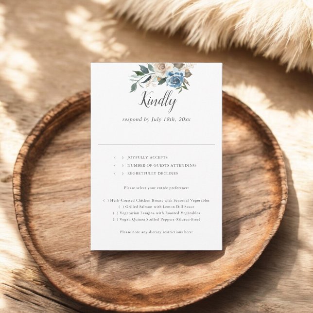 Rústico Dusty Blue Flowers Script Wedding RSVP (Subido por el creador)