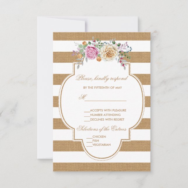 Rústico Floral Burlap Stripes Wedding RSVP (Anverso)