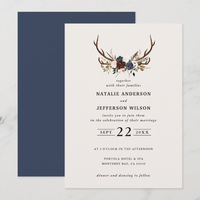 Rústico floral y antángulos azul marino boda (Anverso / Reverso)