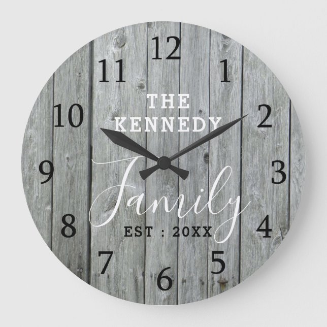 Rústico Granja de madera gris Nombre familia reloj (Anverso)