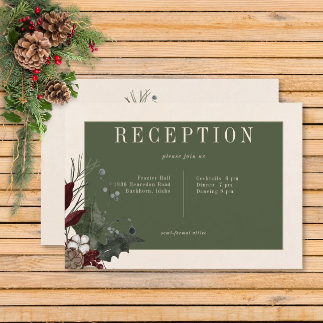 Rústico invierno Berries y recepción con crema de  (Rustic Winter Berries & Pine Cream Wedding Reception Card)