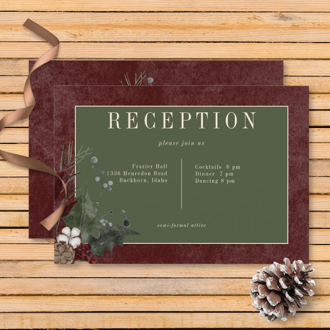 Rústico invierno Berries y recepción de pino borgo (Rustic Winter Berries & Pine Burgundy Wedding Reception Card)