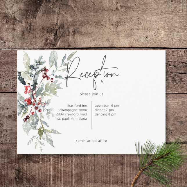 Rústico invierno Holly Berries y recepción de niev (Rustic Winter Holly Berries & Snow Wedding Reception Card)