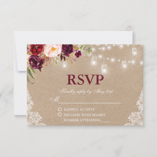 Rústico Kraft Boda Jar Luces Floral Lace RSVP (Anverso)