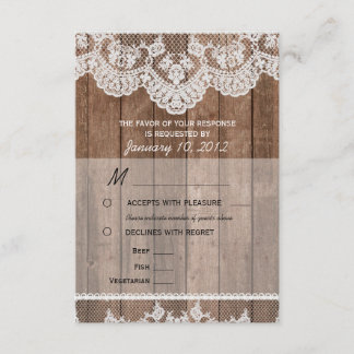 Rústico Lace blanco y Wood RSVP con opciones de co