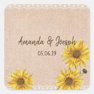 Rústico Lace & Burlap Sunflower Pegatinas de boda
