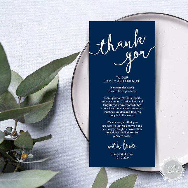 Rústico lugar Boda de la cena Gracias tarjeta (Rustic Wedding Place Setting Rehearsal Dinner Thank you Card Plate Decor Navy Blue)
