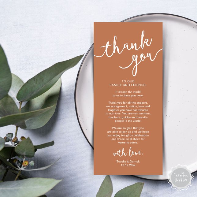 Rústico lugar Boda de la cena Gracias tarjeta (Rustic Wedding Place Setting Rehearsal Dinner Thank you Card Plate Decor Copper Terracotta Brown)