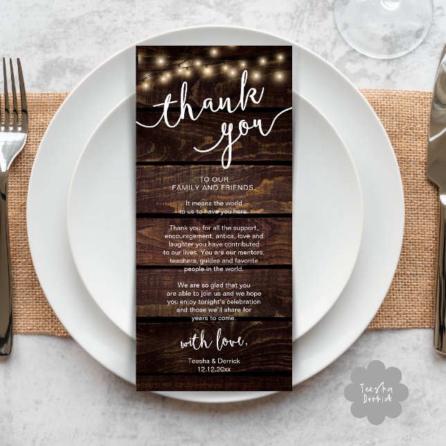 Rústico lugar Boda de la cena Gracias tarjeta (Rustic Wedding Place Setting Rehearsal Dinner Thank you Card in brown wood string lights theme)