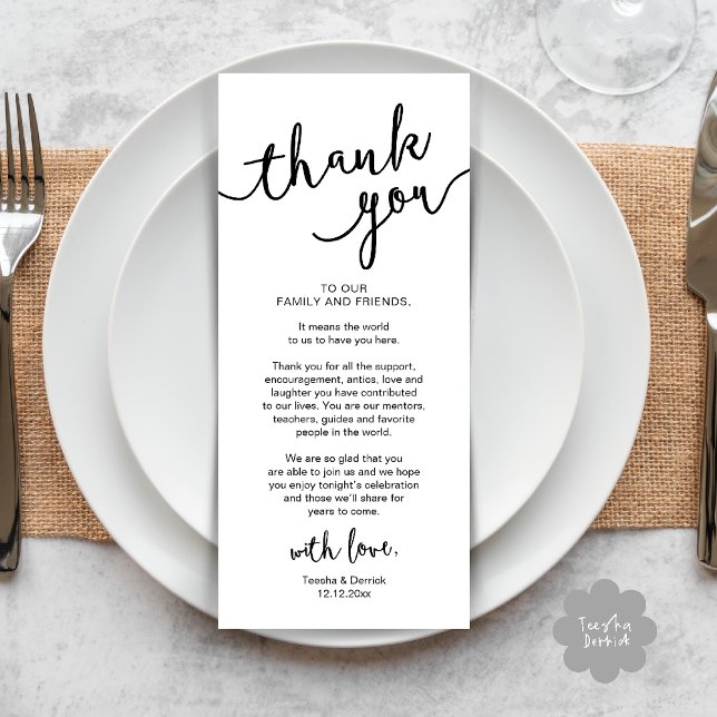 Rústico lugar Boda de la cena Gracias tarjeta (Rustic Wedding Place Setting Rehearsal Dinner Thank you Card Plate Decor White Black)