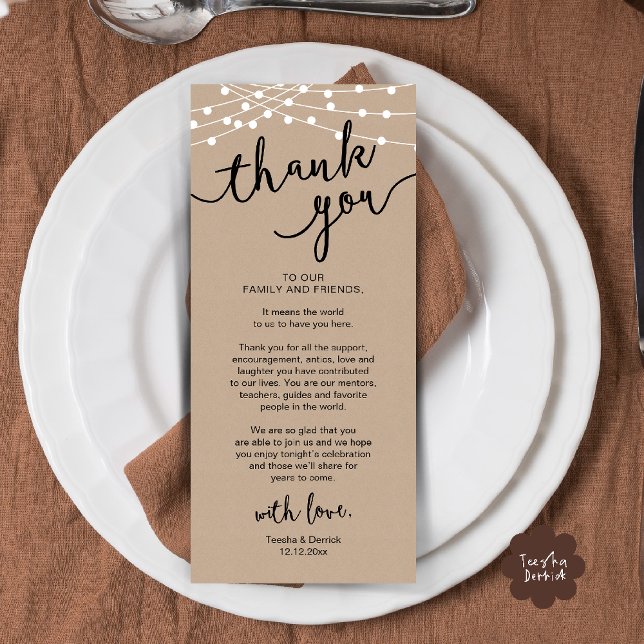 Rústico lugar Boda de la cena Gracias tarjeta (Rustic Wedding Place Setting Rehearsal Dinner Thank you Card in brown kraft string lights theme)