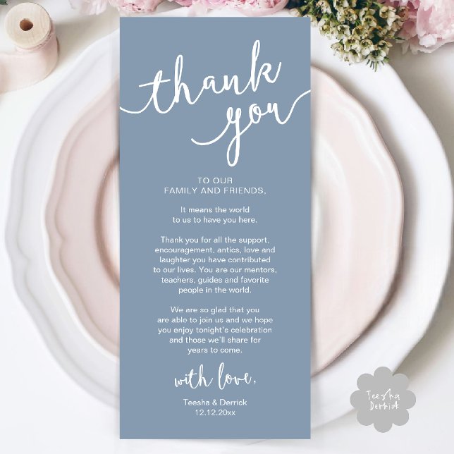 Rústico lugar Boda de la cena Gracias tarjeta (Rustic Wedding Place Setting Rehearsal Dinner Thank you Card Plate Decor Dusty Blue)