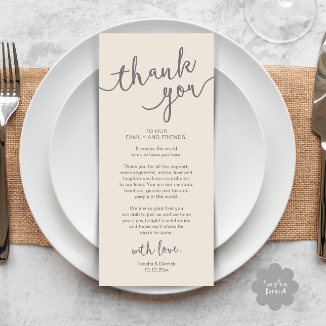 Rústico lugar Boda de la cena Gracias tarjeta (Rustic Wedding Place Setting Rehearsal Dinner Thank you Card Plate Decor Cream Grey)