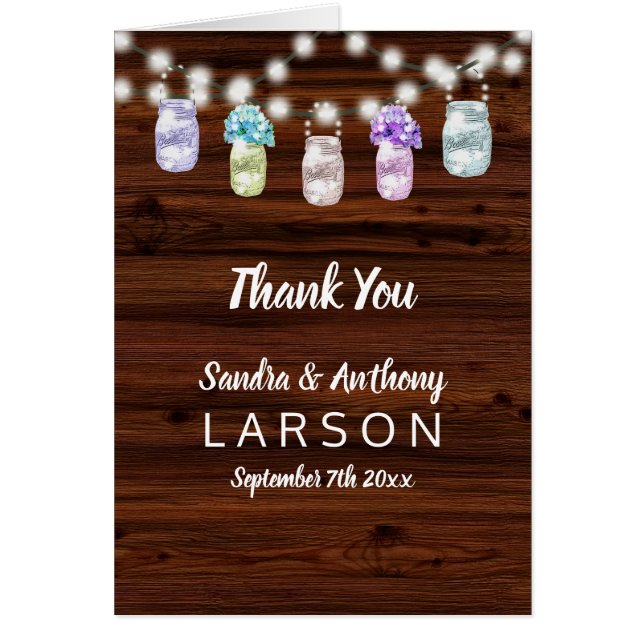 Rústico Mason Jar con luces Boda Gracias (Frente)